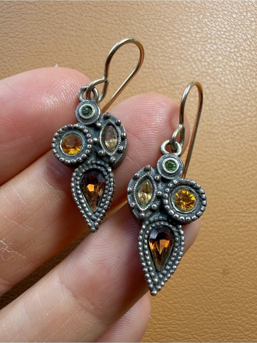 Vtg Signed Patricia Locke Mixed Metal Gemstone Dangle Earrings — Retired Piece!